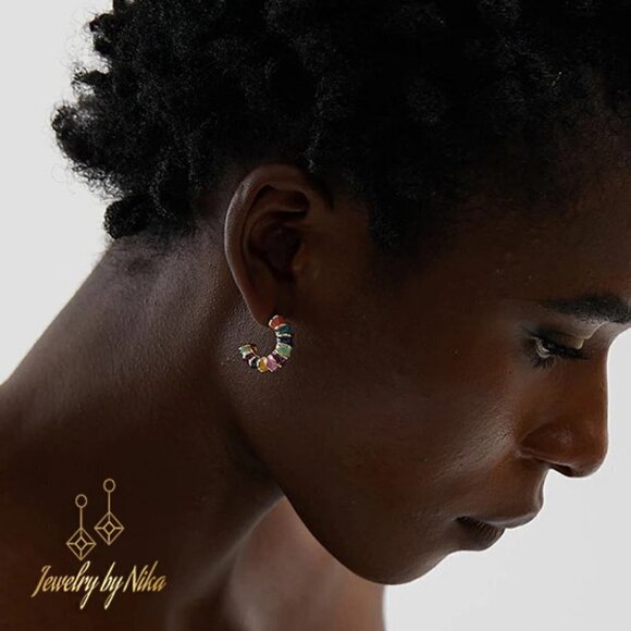 NEW 14K Yellow Gold Multicolor Enameluxe Boho Unique Hoop Luxury Stud Earrings - Picture 8 of 15